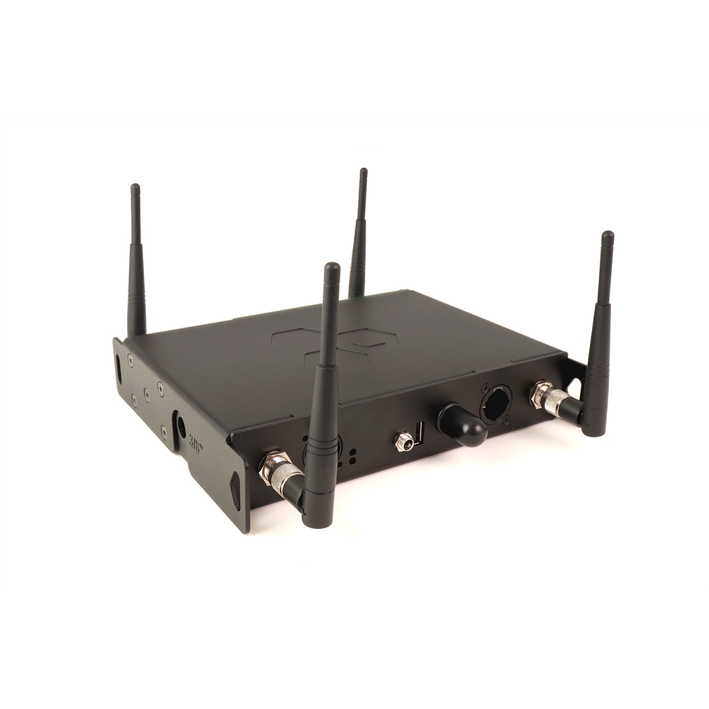 LumenRadio StarDust eight universe wireless DMX transmitter rear view with four antennas BNC connectors and DMX Ethernet ports on white background