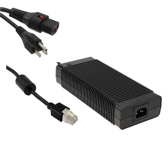 MeanWell GST280A12-C6P desktop style power supply 12V DC 252W with IEC power cable and DC output connector black fanless design for LED lighting