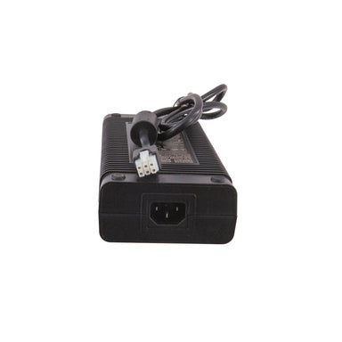 MeanWell GST280A24-C6P desktop style power supply 24V DC 280W rear view showing IEC inlet DC output connector and wrapped cord black fanless housing