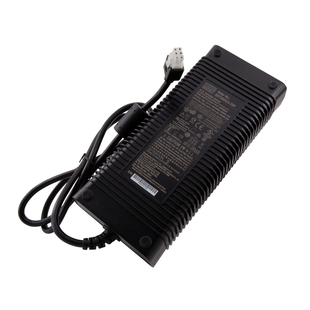 MeanWell GST280A24-C6P desktop style power supply 24V DC 280W top angle view showing specifications label certification marks and heatsink fins black housing