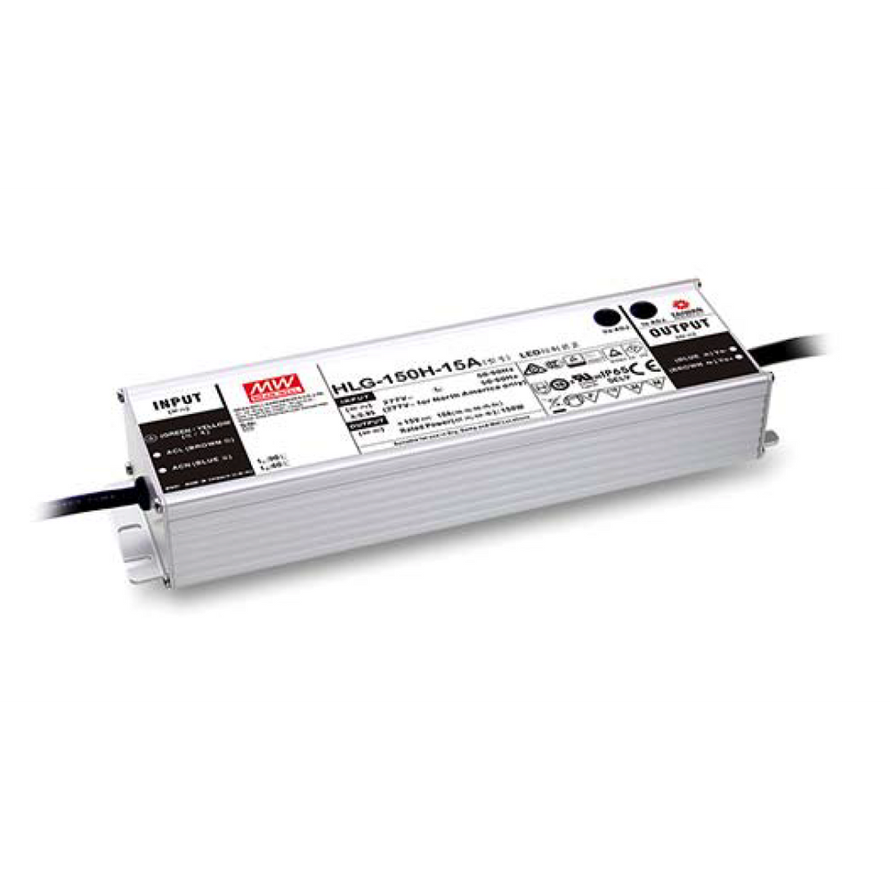 MeanWell HLG-150H-24A fanless metal housed LED power supply 150W 24VDC IP65 rated silver aluminum housing