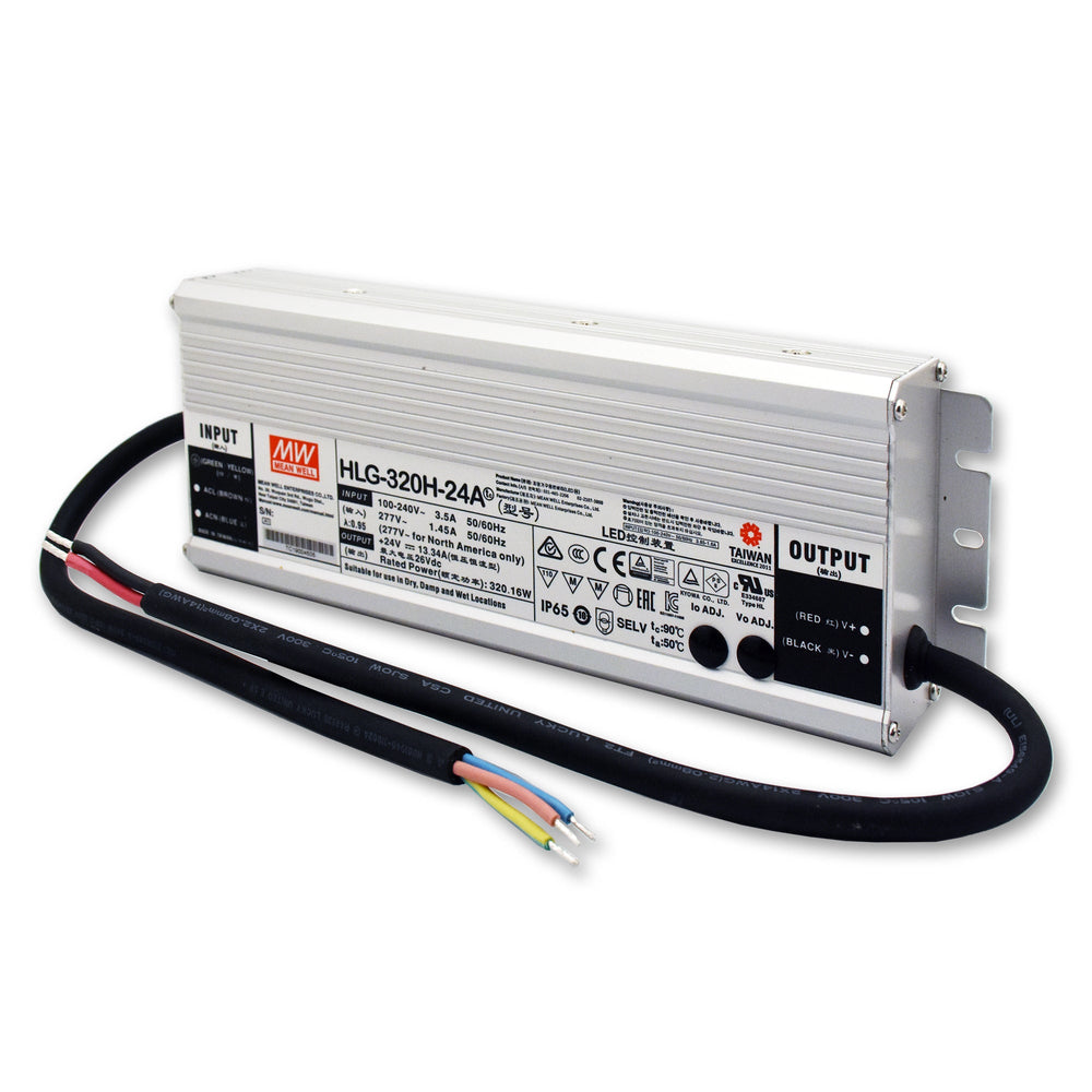 MeanWell HLG-320H-24A fanless metal housed LED power supply 320W 24VDC IP65 rated with input and output cables