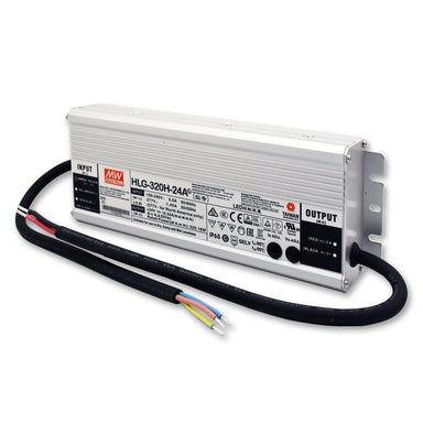 MeanWell HLG-320H-24A fanless metal housed LED power supply 320W 24VDC IP65 rated with input and output cables