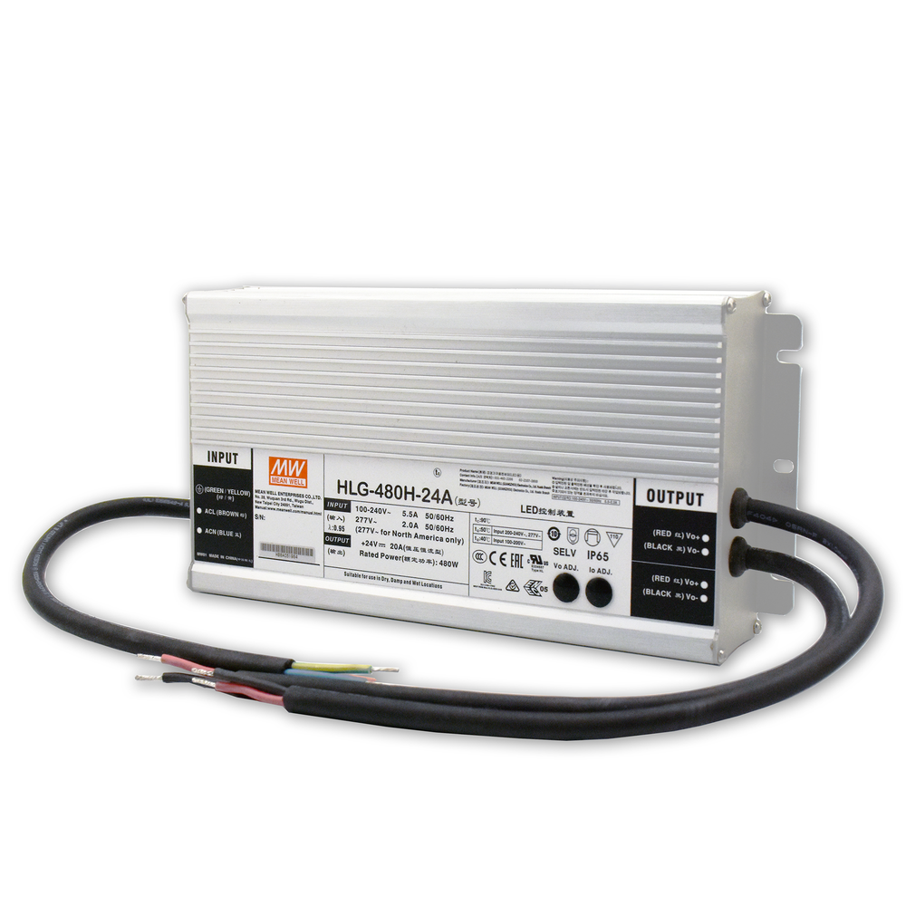 MeanWell HLG-480H-24A fanless metal housed LED power supply 480W 24VDC IP65 rated with input and output cables