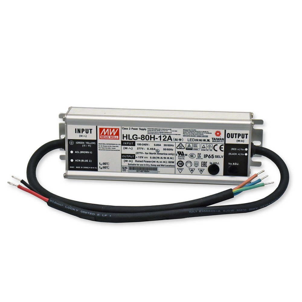 MeanWell HLG-80H-12A fanless metal housed LED power supply 80W 12VDC IP65 rated with input and output cables