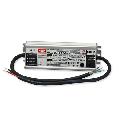 MeanWell HLG-80H-12A fanless metal housed LED power supply 80W 12VDC IP65 rated with input and output cables