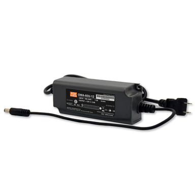 MeanWell OWA-60U-12 adapter style LED power supply 12V DC 60W with barrel DC output connector and NEMA 1-15P two prong AC plug black housing for LED lighting
