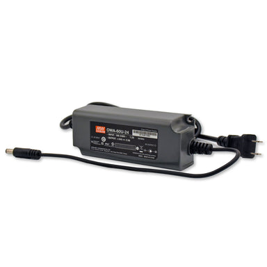 MeanWell OWA-60U-24 adapter style LED power supply 24V DC 60W with barrel DC output connector and NEMA 1-15P two prong AC plug black housing for LED lighting