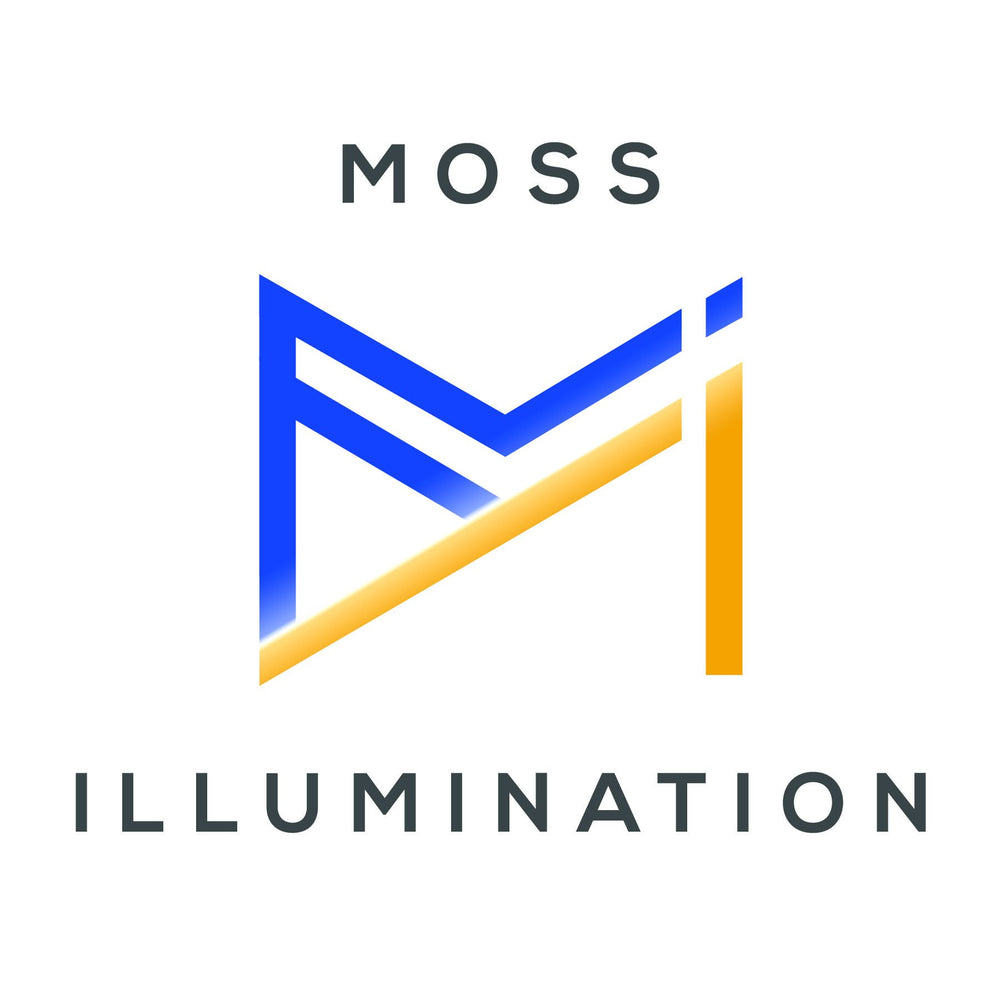 Moss Illumination brand logo blue and gold MI monogram on white background for LED fixture product line