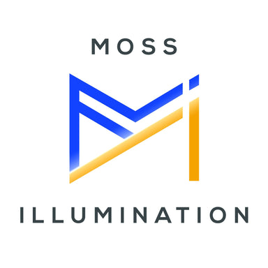 Moss Illumination brand logo blue and gold MI monogram on white background for LED fixture product line