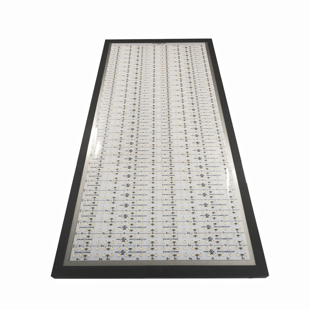 Moss Illumination MI Fixture 1020 LED panel front view showing LED array PCB board in black aluminum frame for studio and broadcast lighting
