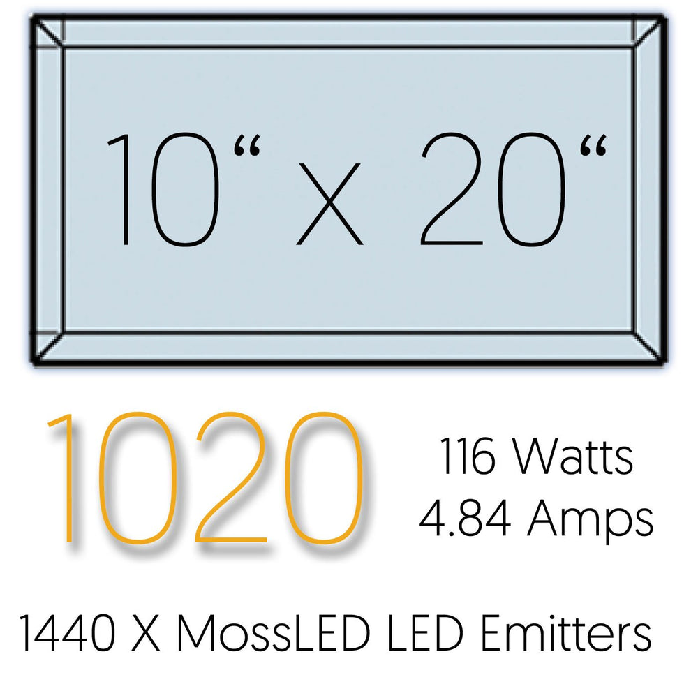 Moss Illumination MI Fixture 1020 specification graphic 10 x 20 inch size 116 watts 4.84 amps 1440 MossLED emitters