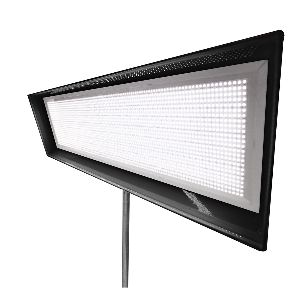 Moss Illumination MI Fixture 1040 LED panel light on stand illuminated angled view showing high CRI LED array in black aluminum housing