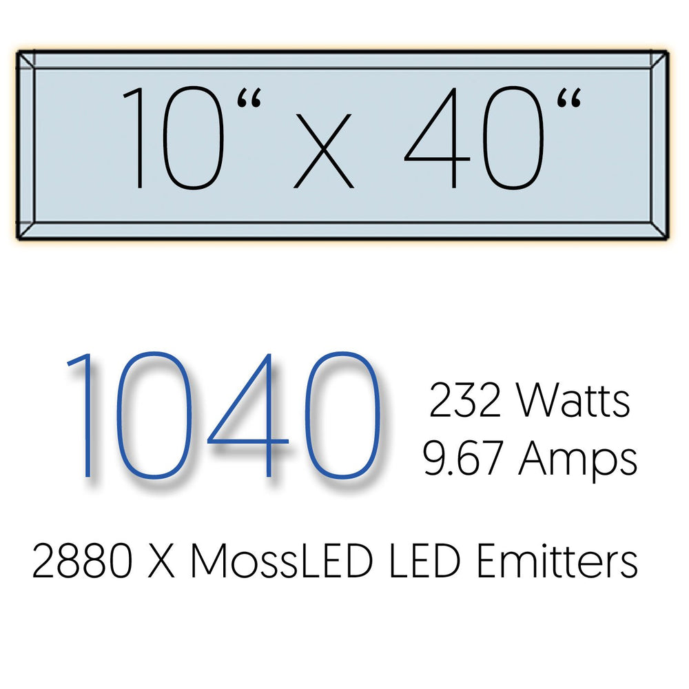 Moss Illumination MI Fixture 1040 specification graphic 10 x 40 inch size 232 watts 9.67 amps 2880 MossLED emitters