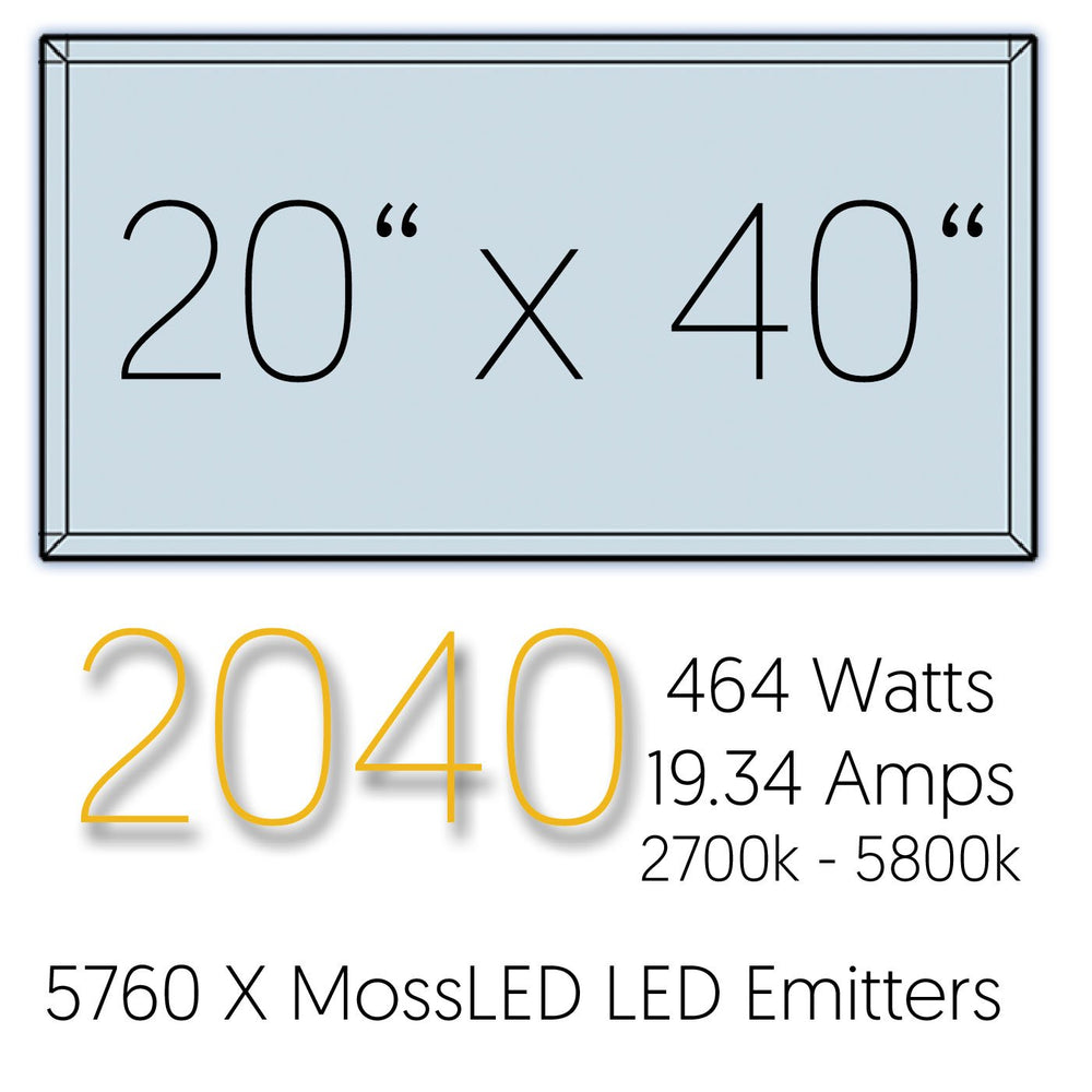 Moss Illumination MI Fixture 2040 specification graphic 20 x 40 inch size 464 watts 19.34 amps 2700K to 5800K color temperature 5760 MossLED emitters