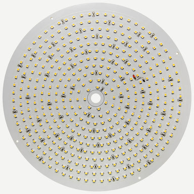 Moss LED 10 inch round aluminum LED panel unlit front view showing 427 LED chips in concentric rings with center mount hole
