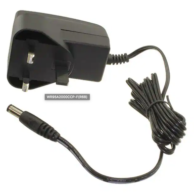 Moss LED 12V 12W 1A power supply for United Kingdom black wall mount AC DC adapter with UK 3-pin plug and DC barrel connector cable on white background