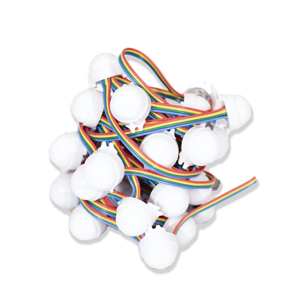 Moss LED 12V Pixel Dots RGB WS2801 cluster of diffused globe dots with rainbow coloured wires white background