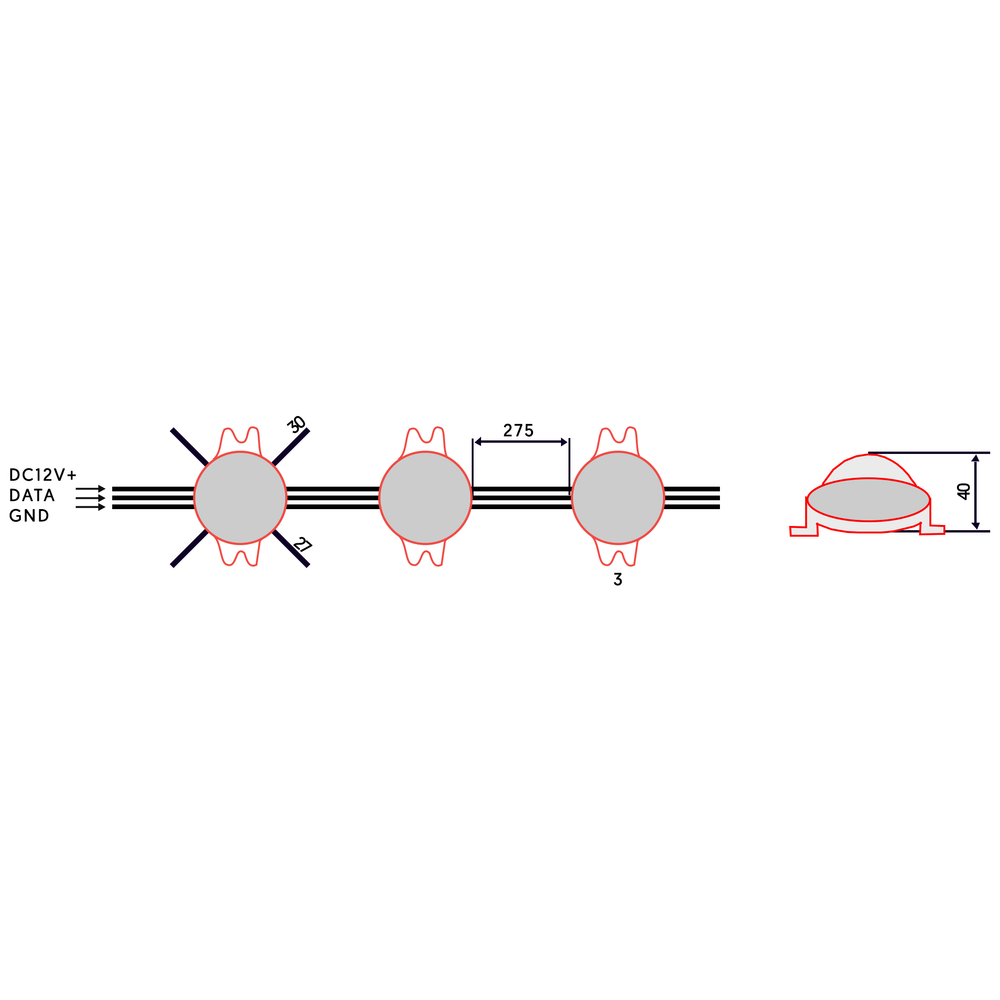 Moss LED 12V Pixel Dots RGBW wiring diagram showing 275mm dot spacing DC12V DATA GND connections with cross-section