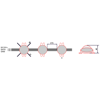 Moss LED 12V Pixel Dots RGBW wiring diagram showing 275mm dot spacing DC12V DATA GND connections with cross-section