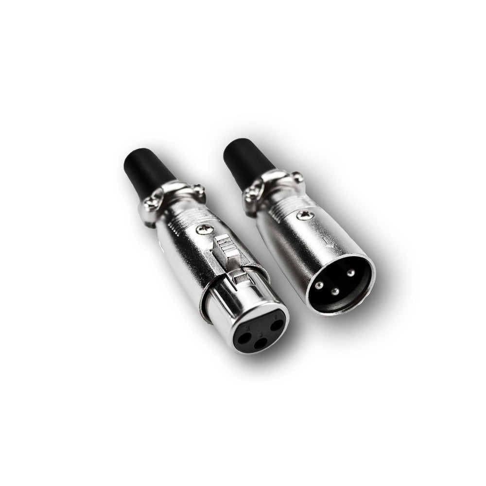 3-pin XLR connector pair silver metal male and female DMX lighting control connectors for DMX512 4-channel dimmer decoder on white background