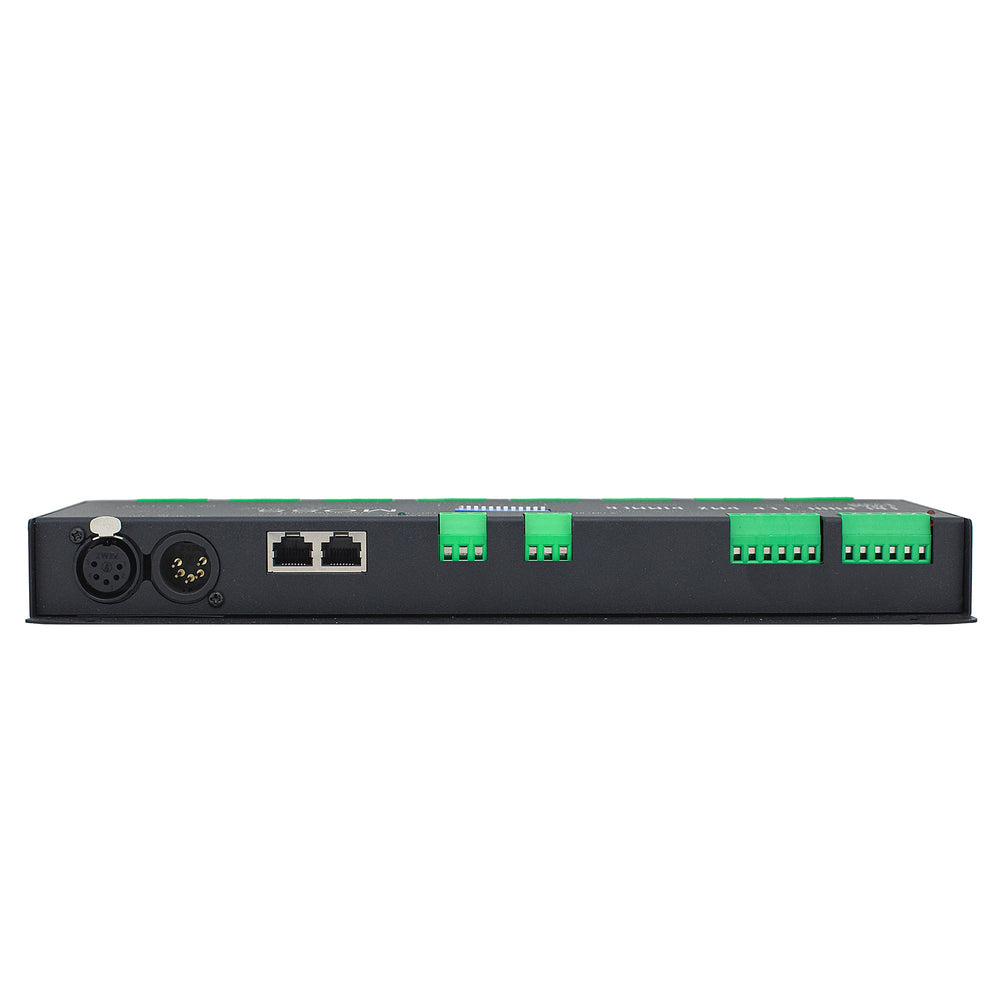 Moss LED 32 channel DMX LED decoder controller back panel view showing 5-pin XLR DMX input output connectors RJ45 ethernet port green power input screw terminals on black metal housing white background