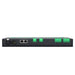 Moss LED 32 channel DMX LED decoder controller back panel view showing 5-pin XLR DMX input output connectors RJ45 ethernet port green power input screw terminals on black metal housing white background