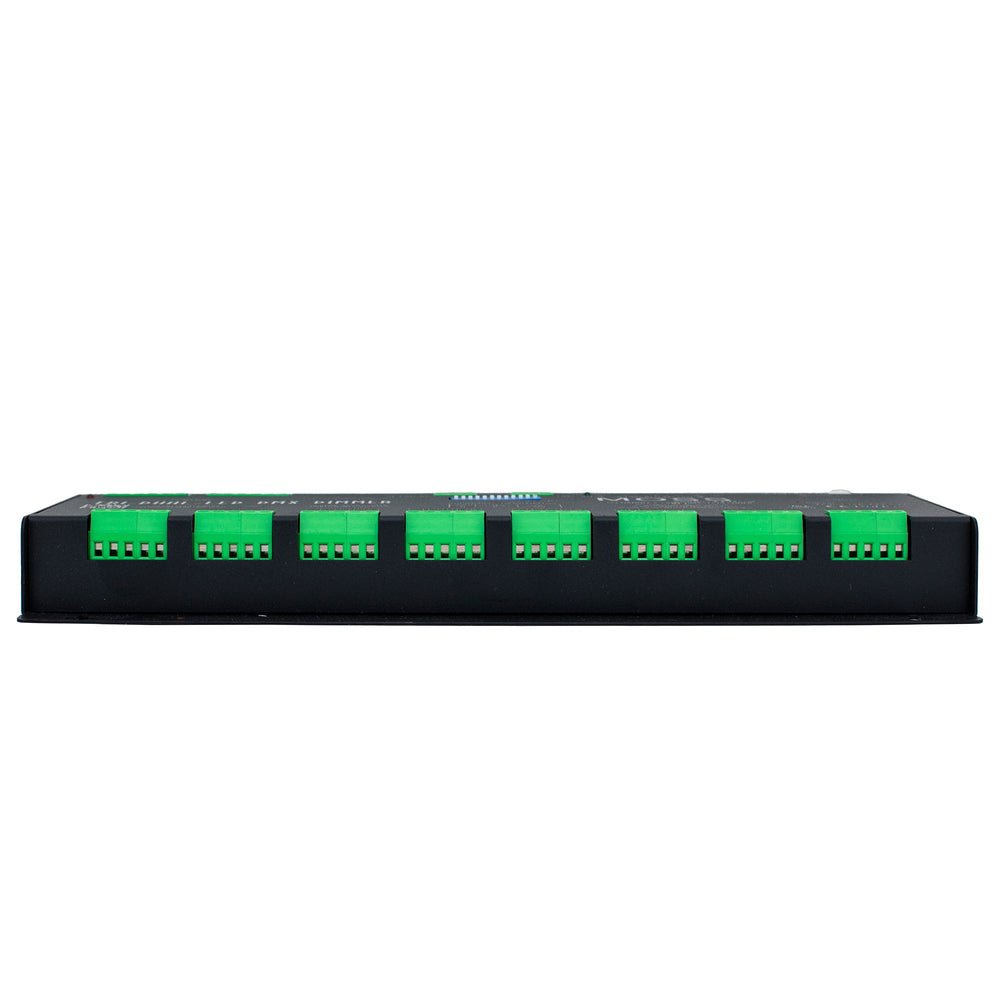 Moss LED 32 channel DMX LED decoder controller front view showing black metal housing with multiple green screw terminal output connector blocks for 12V 24V LED strip dimming on white background