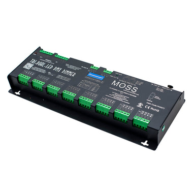 Moss LED 32 channel DMX LED decoder controller isometric top view showing MOSS branding TRI-DUAL-LED DMX DIMMER label DIP switches green screw terminal blocks CE RoHS markings black housing white background