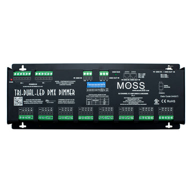 Moss LED 32 channel DMX LED decoder controller top front view showing MOSS branding TRI-DUAL-LED DMX DIMMER label DIP switch address settings green screw terminal output blocks DMX IN OUT connectors power indicator CE RoHS QR code mounting brackets black housing white background