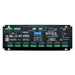 Moss LED 32 channel DMX LED decoder controller top front view showing MOSS branding TRI-DUAL-LED DMX DIMMER label DIP switch address settings green screw terminal output blocks DMX IN OUT connectors power indicator CE RoHS QR code mounting brackets black housing white background