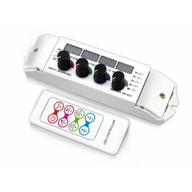 MossLED four channel RGBW rotary dimmer with digital displays and wireless LED controller remote for 12V-24V DC LED strip lighting