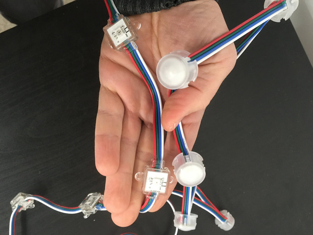 Moss LED 5V Pixel Dots RGB APA102 hand holding square and dome module variants showing wire connections