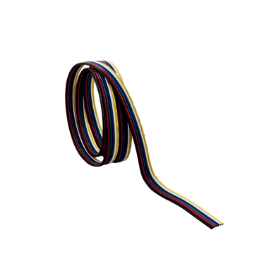 Moss LED 6-conductor flat parallel wire cable 18AWG multicolor coiled alternate angle showing separated conductor ends for LED strip wiring