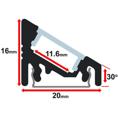 Moss LED A2016B aluminum channel cross-section dimension diagram showing 16mm height 20mm width 30 degree angle and 11.6mm milky cover technical drawing white background