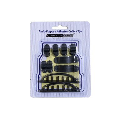 Multi-purpose adhesive cable clip mounts pack with assorted sizes of black cable clips for cable management and organization