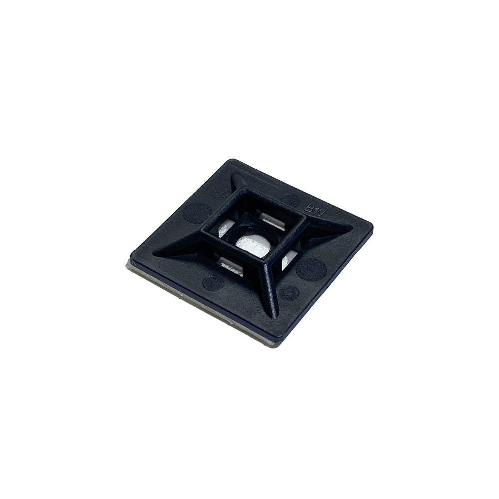 Moss LED adhesive cable tie mount black nylon self-adhesive square base with slot opening for zip ties on white background