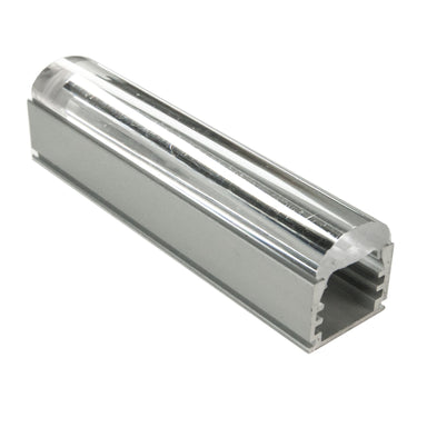 Moss LED ALJ-1617 60 degree clear cover installed on aluminum channel profile with heat sink fins close-up angled view showing transparent lens surface mount LED strip lighting profile 2 meter