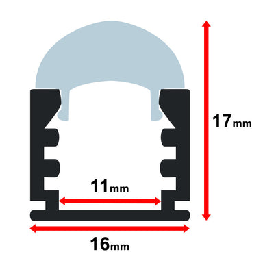 Moss LED ALJ-1617 aluminum channel profile cross-section technical drawing showing dimensions 16mm base width 11mm inner channel width 17mm height with 60 degree clear dome cover and heat sink fins surface mount for LED strip lighting installation