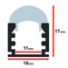 Moss LED ALJ-1617 aluminum channel profile cross-section technical drawing showing dimensions 16mm base width 11mm inner channel width 17mm height with 60 degree clear dome cover and heat sink fins surface mount for LED strip lighting installation