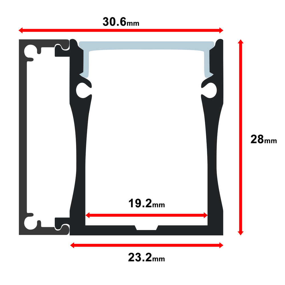 Moss LED ALJ-3028 milky cover aluminum channel cross-section technical drawing with dimensions 30.6mm width 28mm height