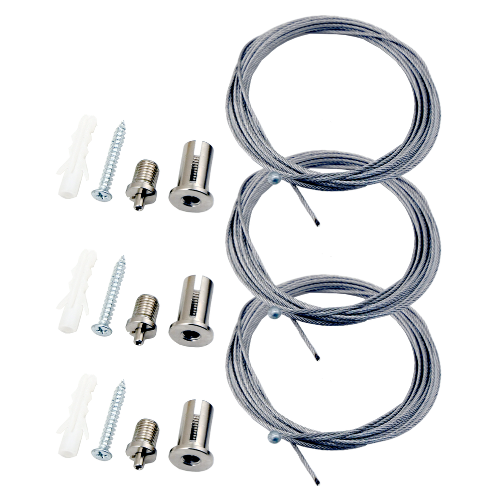 Moss LED ALLL-1230CI circular inner aluminum LED channel 900mm suspension hardware kit showing three steel wire cables with ceiling anchors wall plugs and screws for pendant mounting on white background