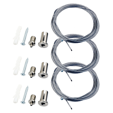 Moss LED ALLL-1230CI circular inner aluminum LED channel 900mm suspension hardware kit showing three steel wire cables with ceiling anchors wall plugs and screws for pendant mounting on white background