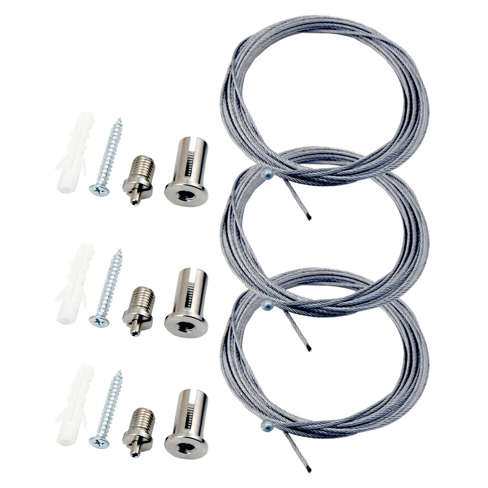 Moss LED ALLL-1230CO circular aluminum LED channel 900mm suspension hardware kit showing three steel wire cables with ceiling anchors wall plugs and screws for pendant mounting on white background