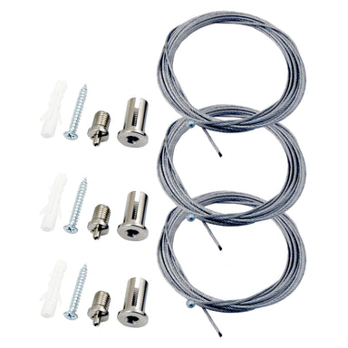 Moss LED ALLL-1230CO circular aluminum LED channel 900mm suspension hardware kit showing three steel wire cables with ceiling anchors wall plugs and screws for pendant mounting on white background