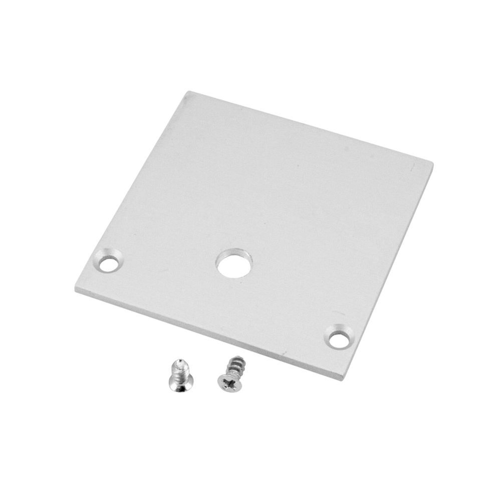 Moss LED ALLL-5035D aluminum LED channel end cap with wire feed-through hole silver square plate with mounting screws on transparent background