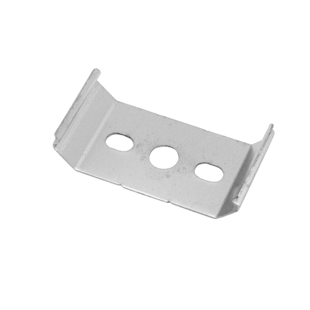 Moss LED ALLL-5035D aluminum LED channel mounting clip silver metal bracket with three screw holes for surface installation on transparent background