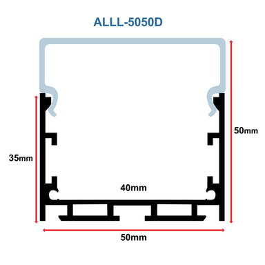 Moss LED ALLL-5050D aluminum LED channel profile cross-section technical drawing showing dimensions 50mm width, 50mm height, 35mm inner depth, and 40mm inner width