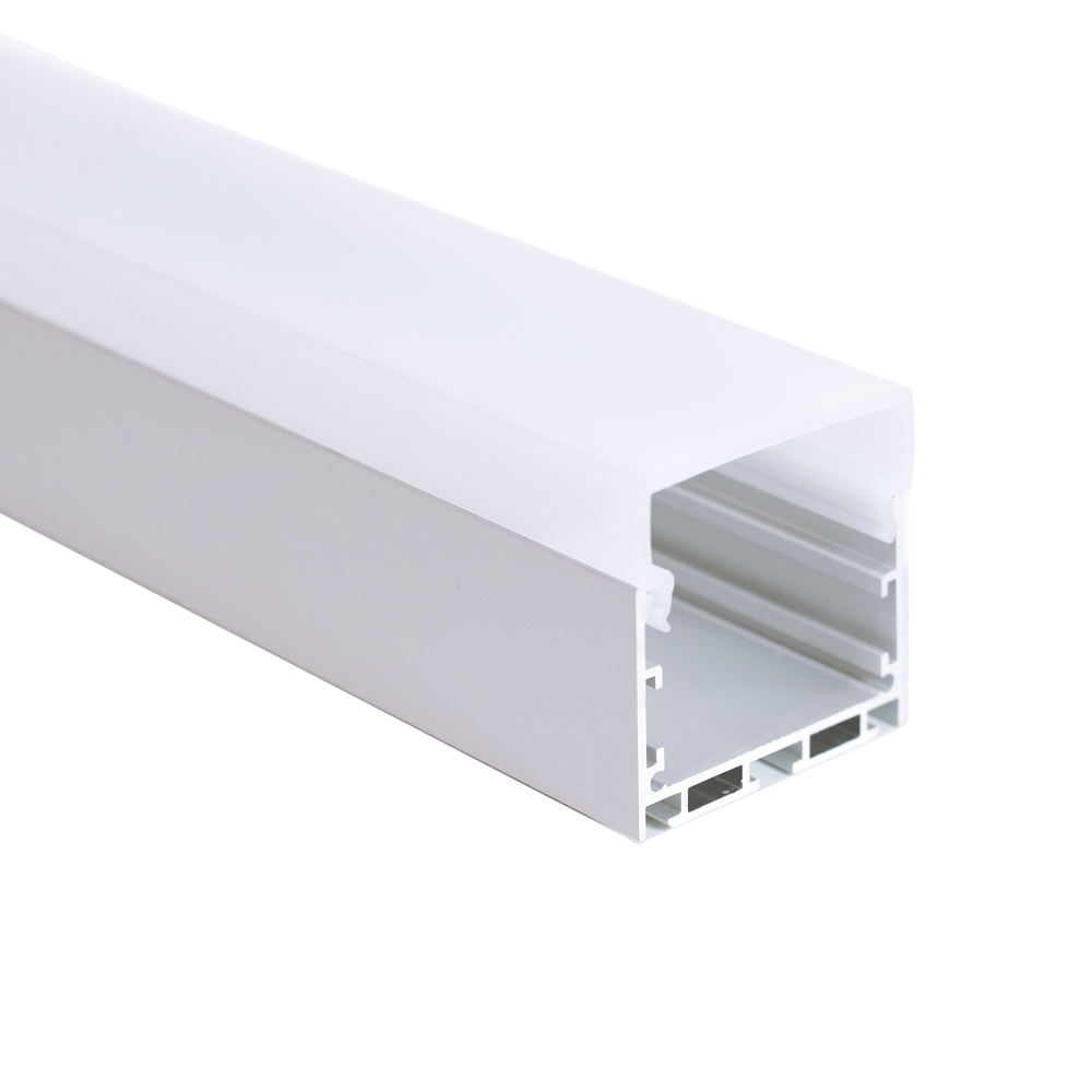 Moss LED ALLL-5050D 50x50mm aluminum LED channel profile with frosted diffuser cover angled view showing internal mounting clips on transparent background