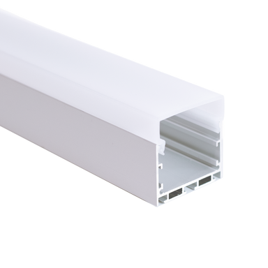 Moss LED ALLL-5050D 50x50mm aluminum LED channel profile with frosted diffuser cover angled view showing internal mounting clips on transparent background
